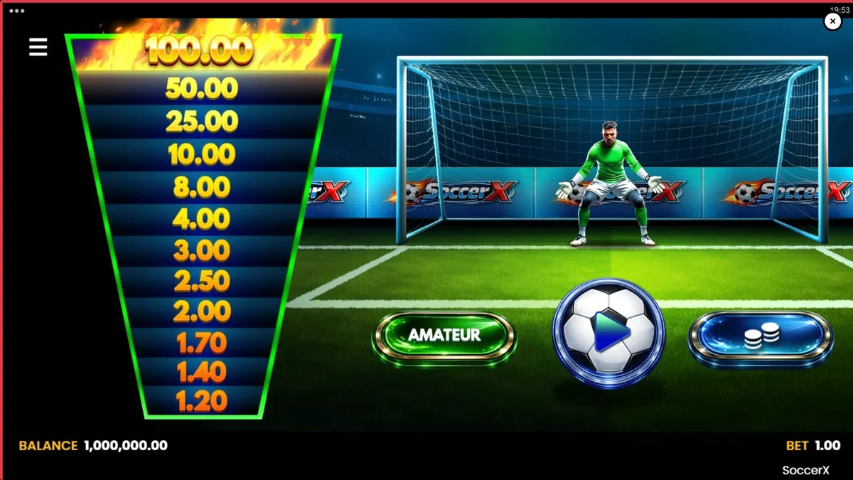 Interface de jogo do slot SoccerX mostrando um goleiro e uma escada de multiplicadores