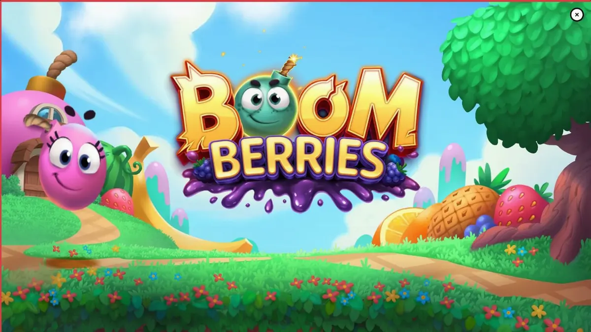 Tela de jogo do slot Boomberries com frutas coloridas e cenário de vila de conto de fadas